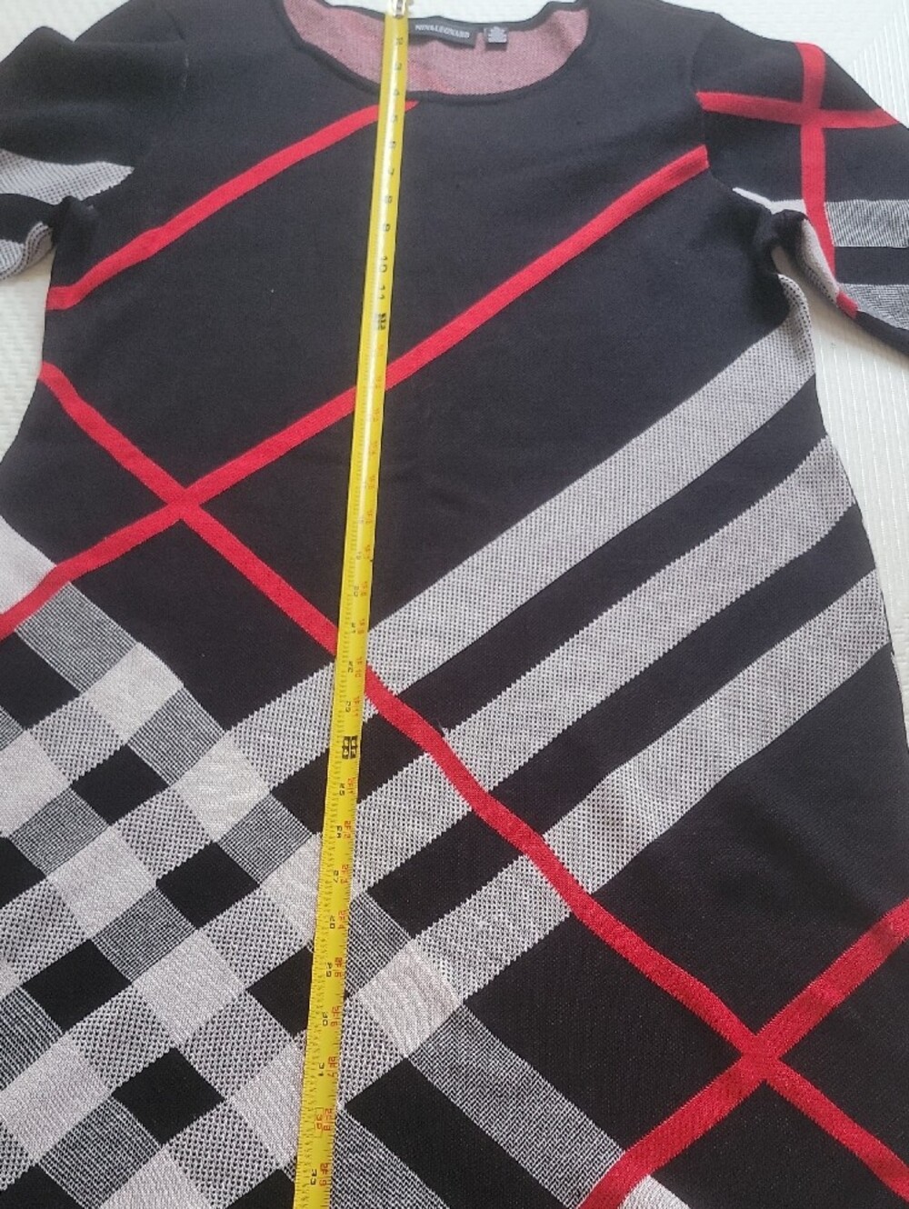 Nina Leonard Black Knit Midi Dress with Black,  Red and White Plaid Stripes - Picture 8 of 16